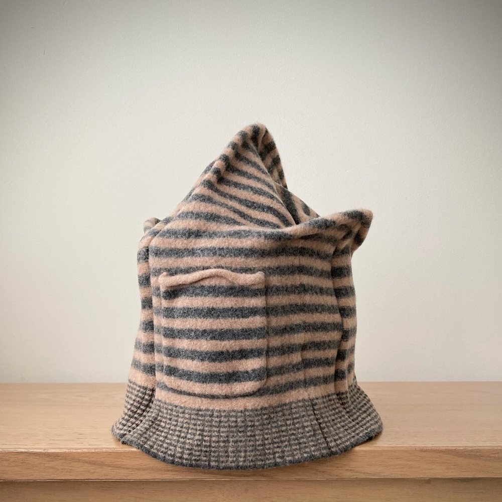 joodito origami crown wool sweater hat bucket beanie cap cloche striped gray tan - Picture 9 of 13